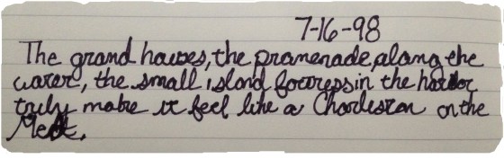 A note from Zeke's journal on his first visit to Nafplion in 1998.
